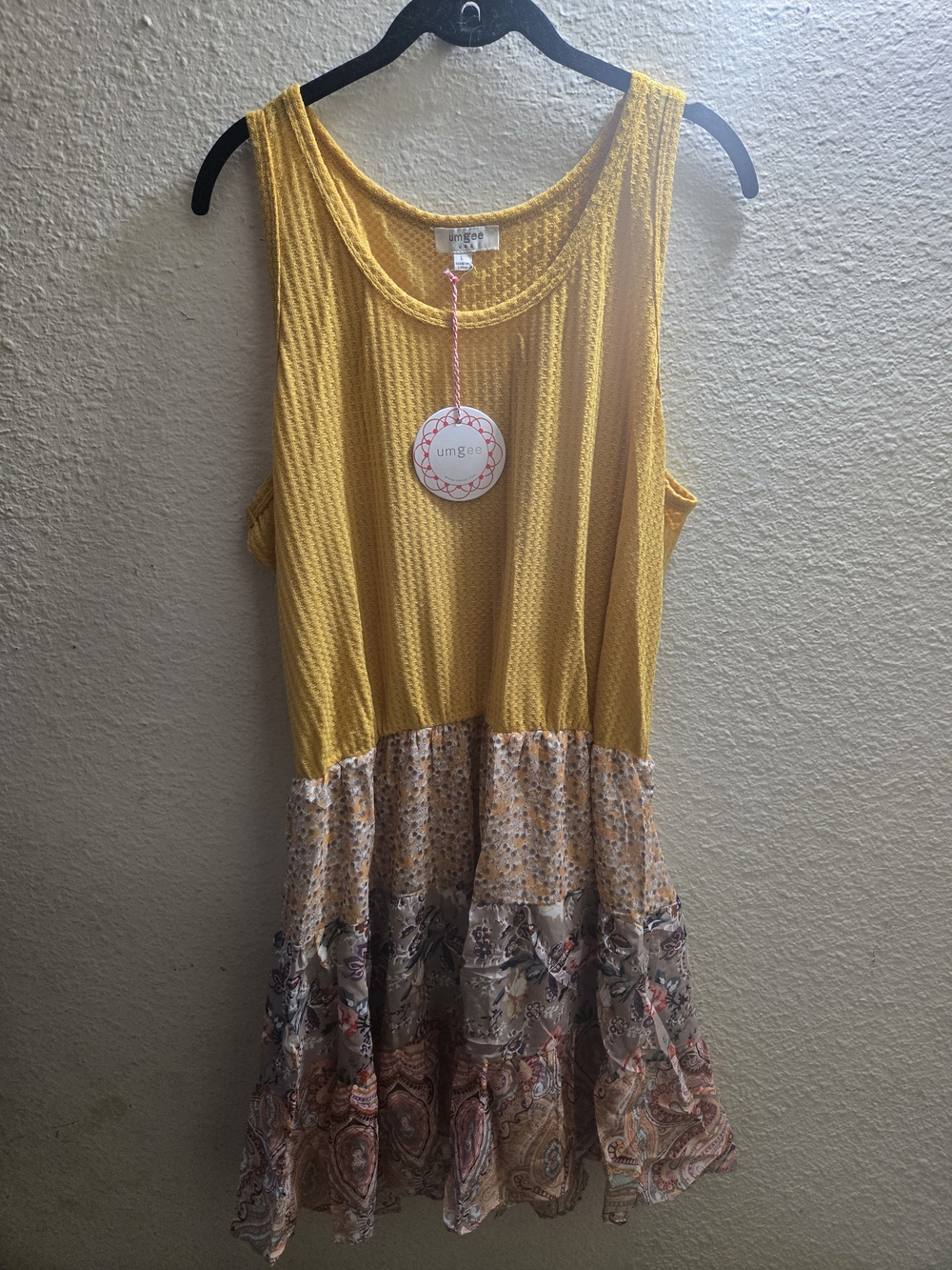 Umgee Yellow Tank Dress with Patterned Tiered Skirt